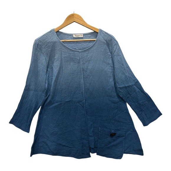 Jess & Jane Tops - Jess & Jane Blue Ombre Crinkle Gauze Tunic Top Womens M Cotton Toggle Pocket